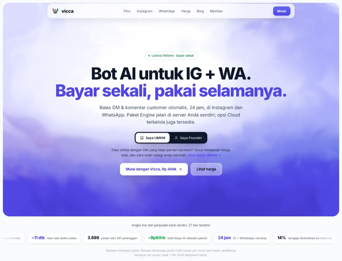 Tangkapan layar vicca.id dengan baris angka live bot Vicca
